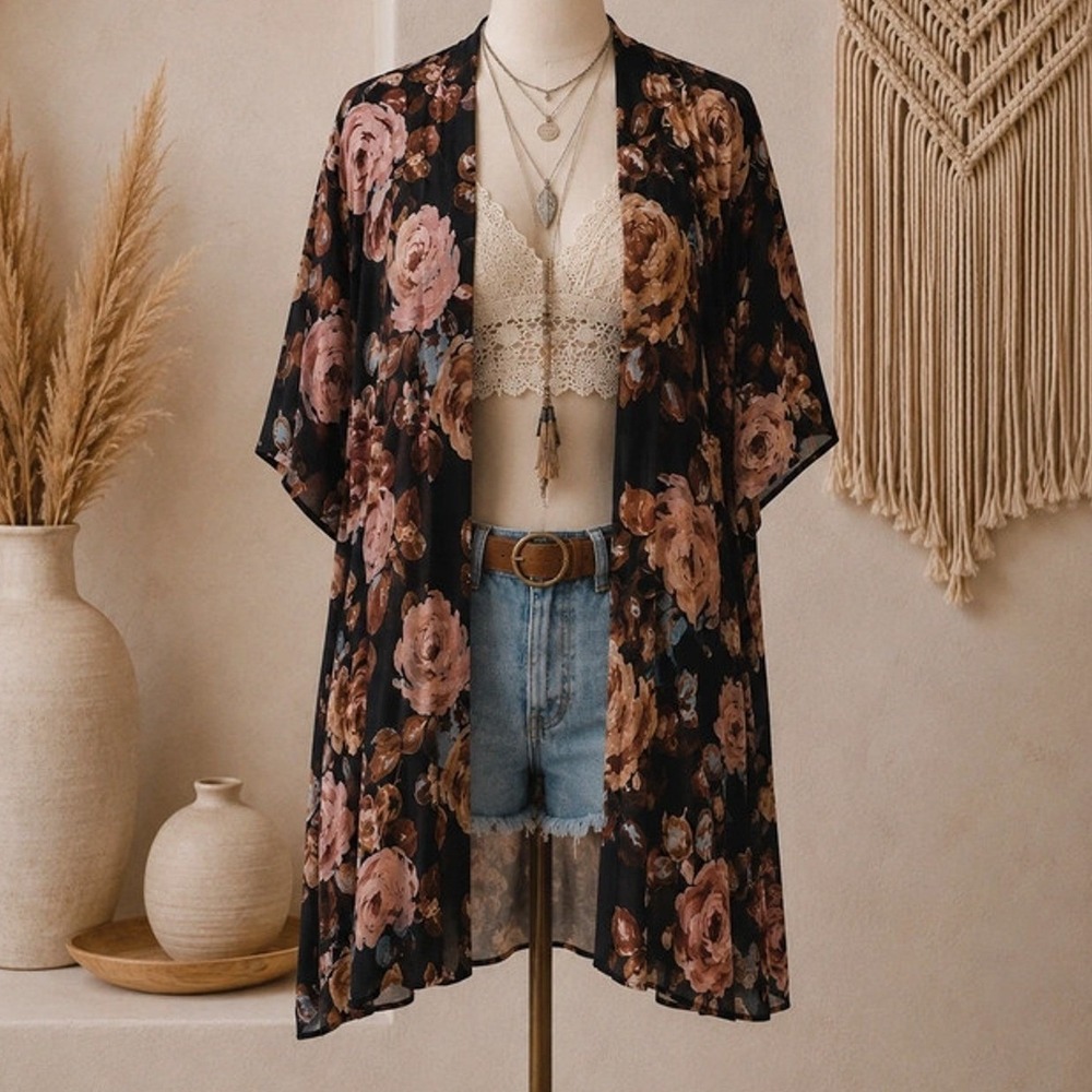 Amore All FY Black Cream Floral Kimono One Size Fits Up to XL Boho Wrap